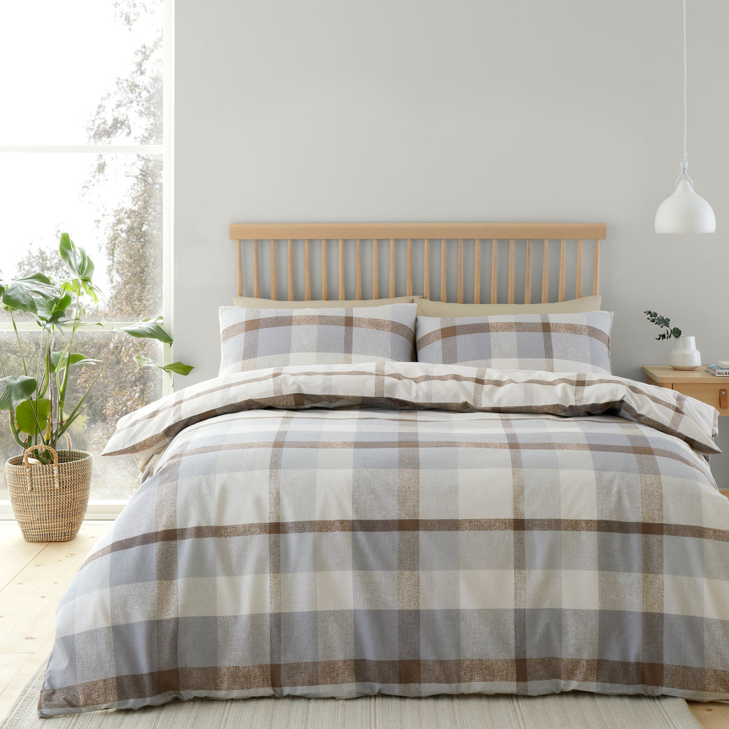 Catherine Lansfield Brushed Check Natural 100% Brushed Cotton Duvet Set