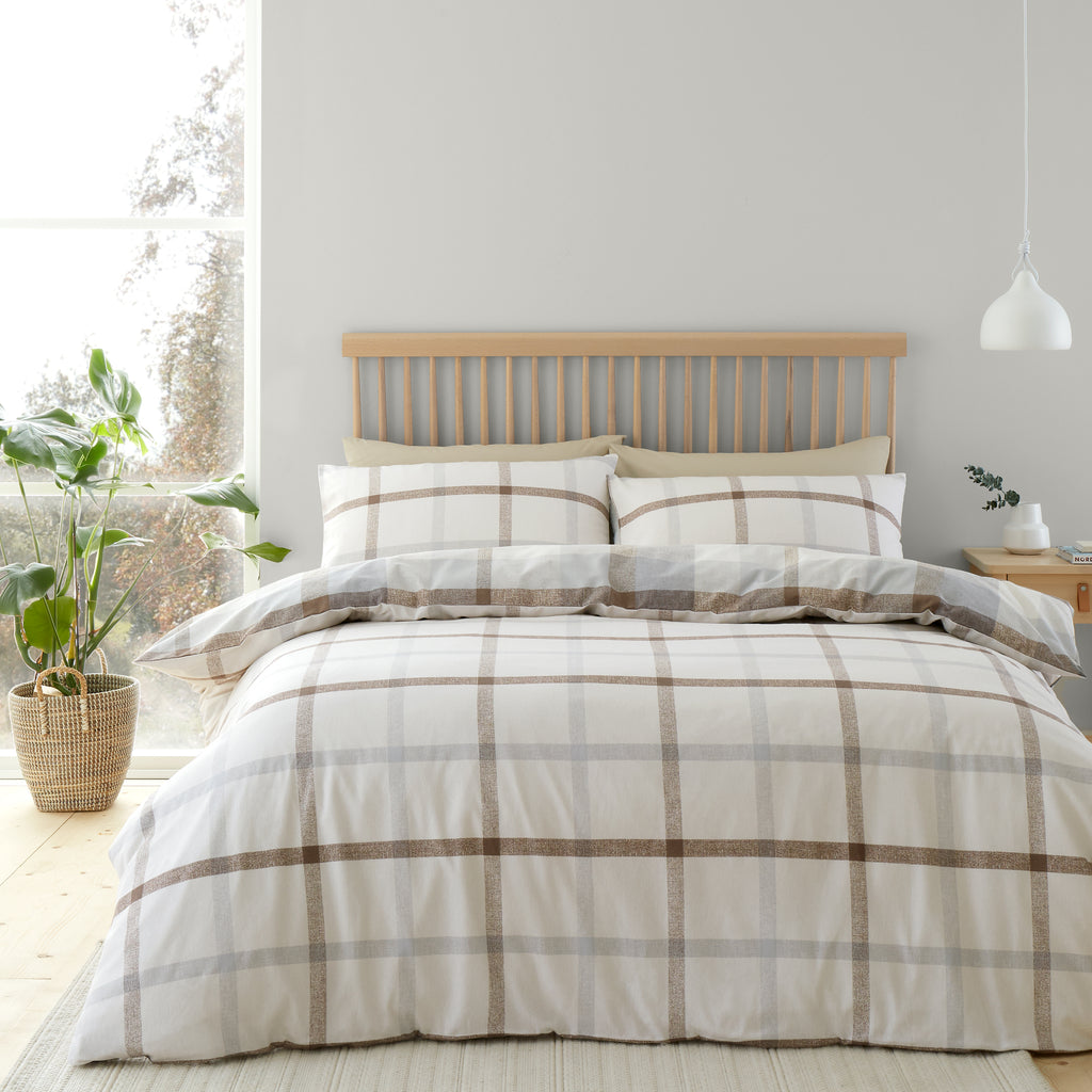 Catherine Lansfield Brushed Check Natural 100% Brushed Cotton Duvet Set
