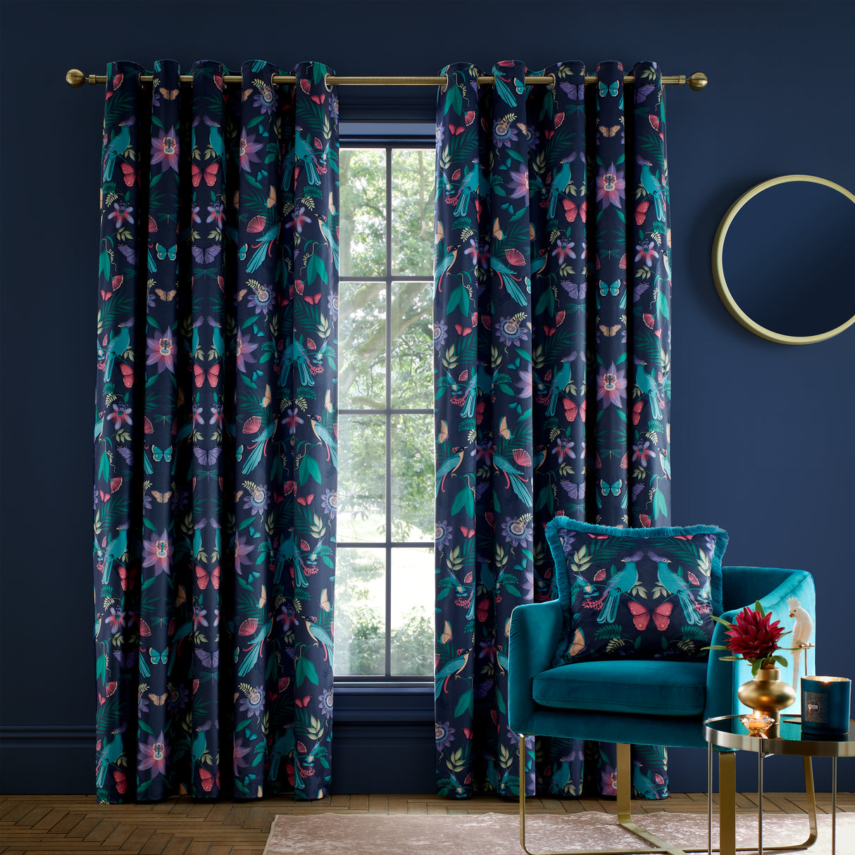 Catherine Lansfield Mya Tropical Birds Navy Eyelet Curtains