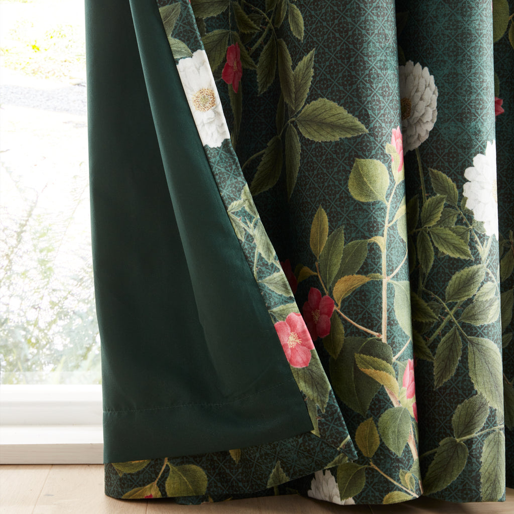 Royal Horticultural Society Arcadia Floral Green Pencil Pleat Lined Curtains
