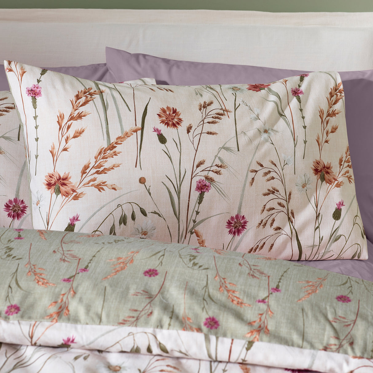 Catherine Lansfield Brushed Grasmere Floral Green 100% Brushed Cotton Duvet Set