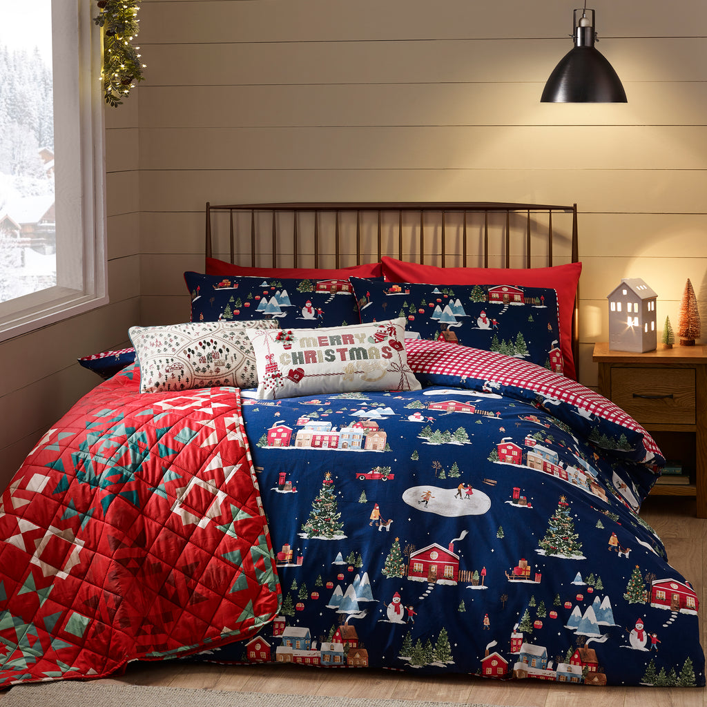 Catherine Lansfield Christmas Ski Village Blue Duvet Set