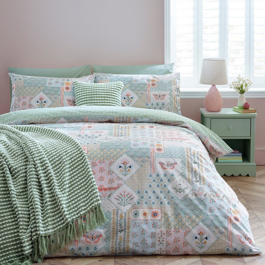Catherine Lansfield Folk Patchwork Green Duvet Set
