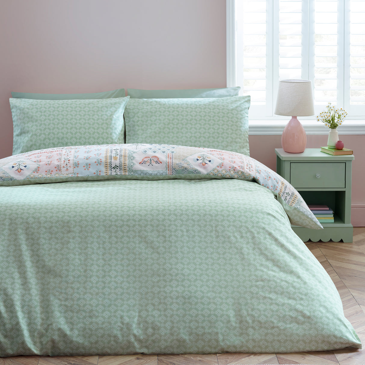 Catherine Lansfield Folk Patchwork Green Duvet Set