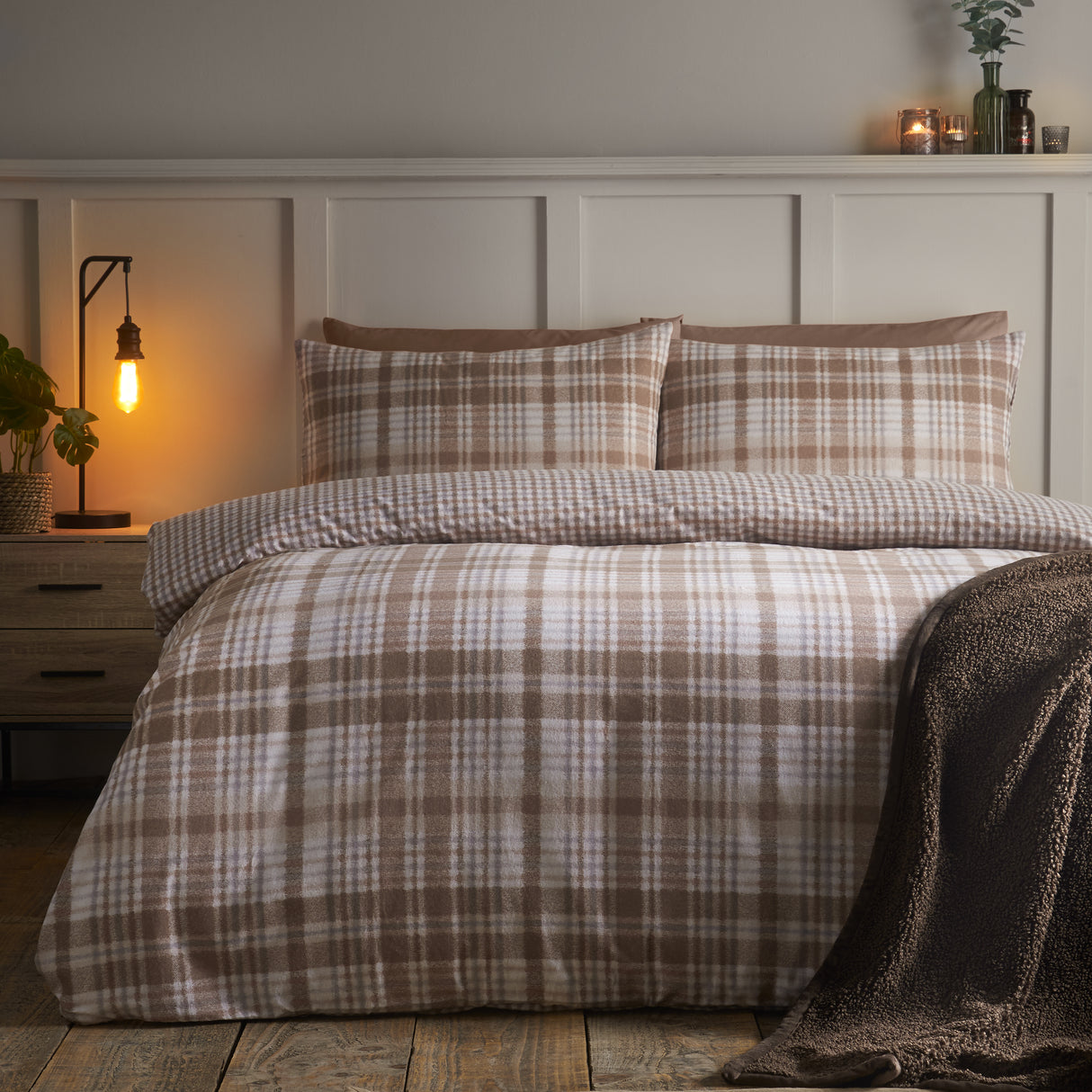 Catherine Lansfield Hamish Check Natural 100% Brushed Cotton Duvet Set