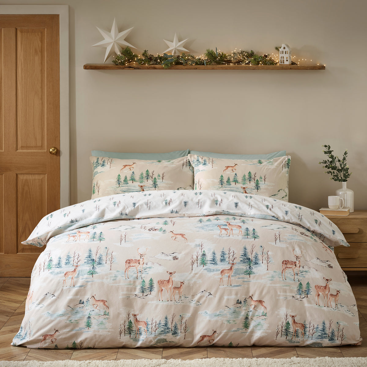 Catherine Lansfield Christmas Deer Natural 100% Brushed Cotton Duvet Set