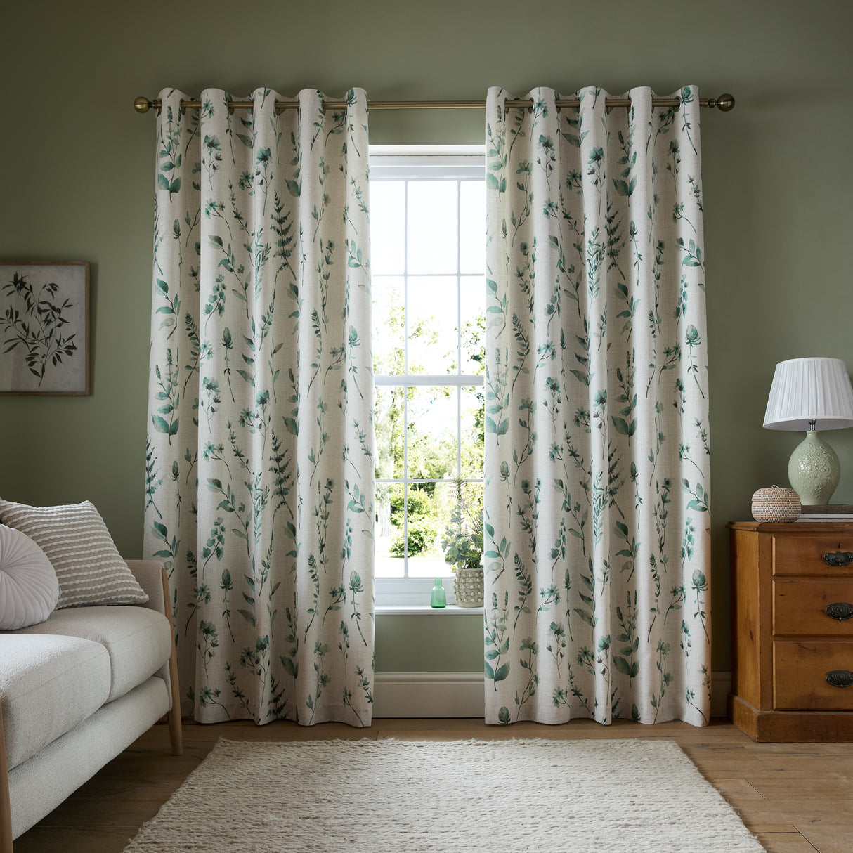 Catherine Lansfield Watercolour Leaves Natural/Green Eyelet Curtains