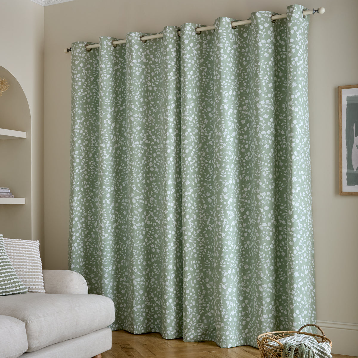 Catherine Lansfield Arla Floral Green Eyelet Curtains