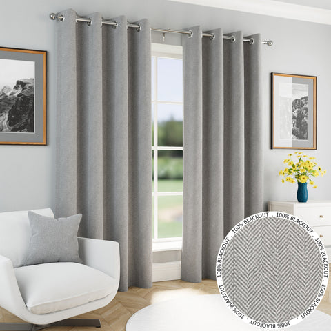 Tyrone Chester Herringbone Jacquard 100% Blackout Curtains
