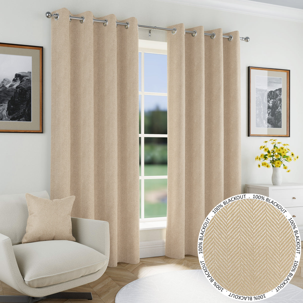 Tyrone Chester Herringbone Jacquard 100% Blackout Curtains