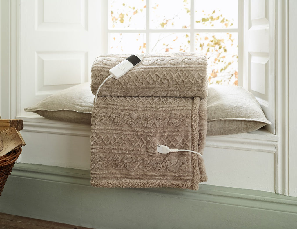 Deyongs 1846 Sherpa Cable Taupe 140cm x 180cm Heated Throw