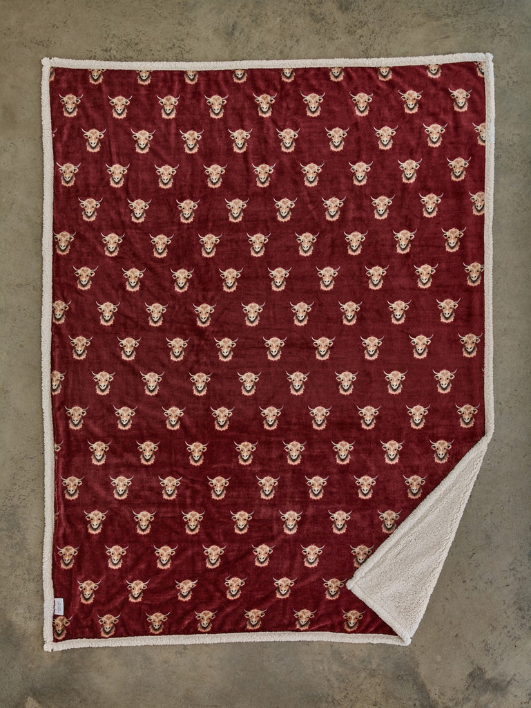 Deyongs 1846 Highland Cows Burgundy 140cm x 180cm Throw