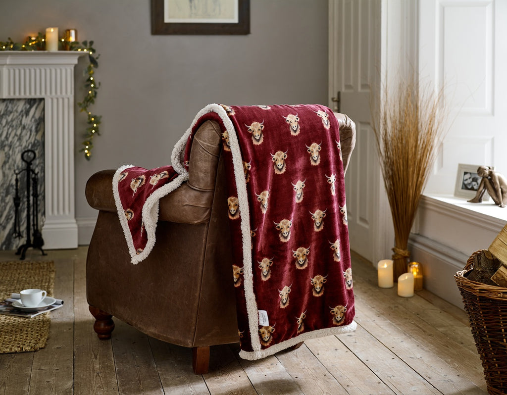 Deyongs 1846 Highland Cows Burgundy 140cm x 180cm Throw
