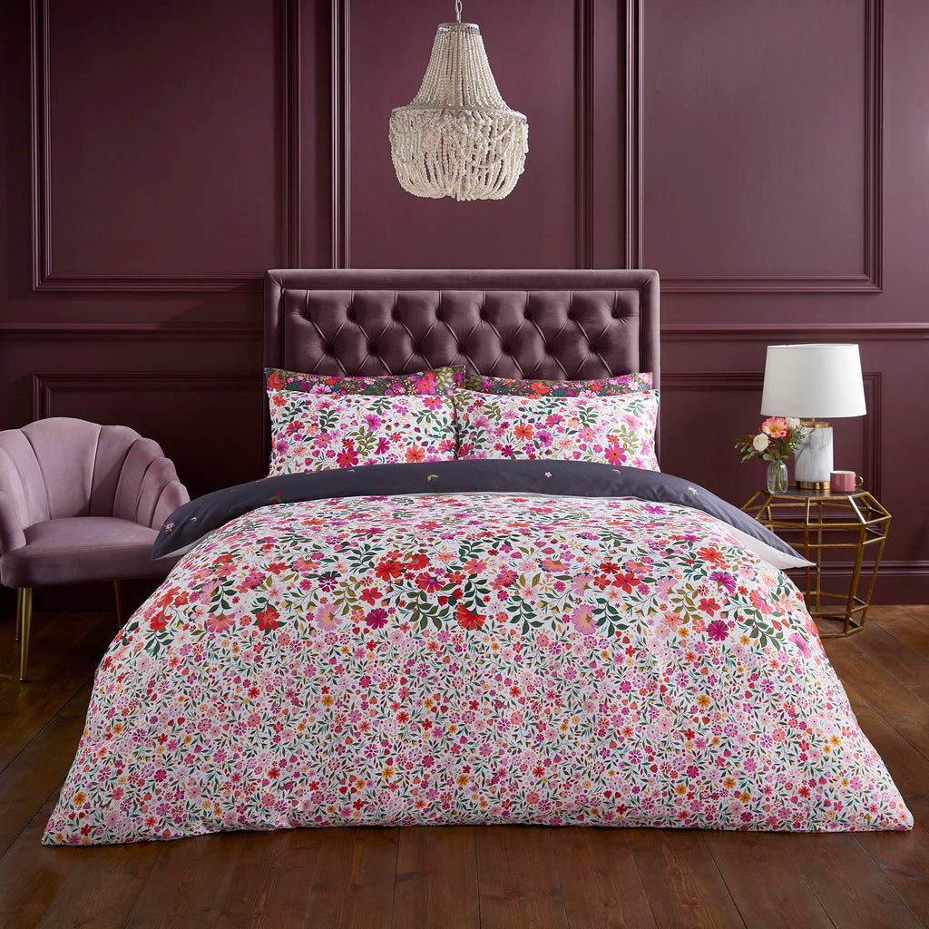 Sara Miller Ditsy Floral White-Deep Mulberry Duvet Set