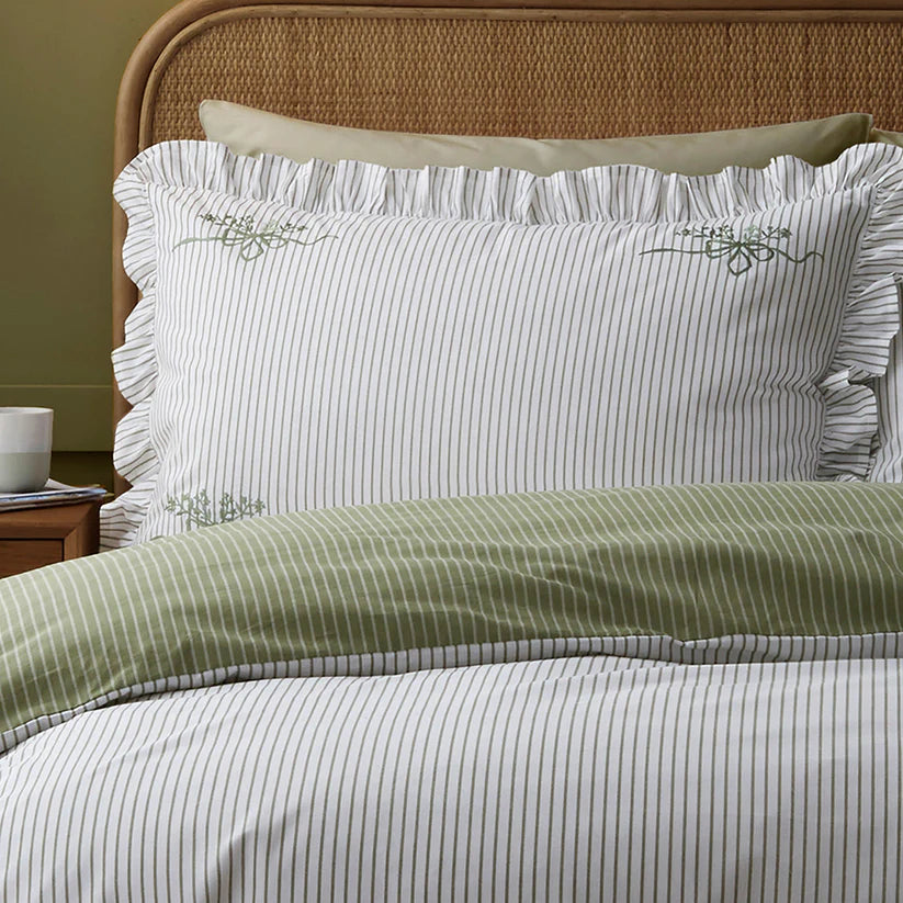 Appletree Frilled Embroidered Bow Stripe Green Duvet Set