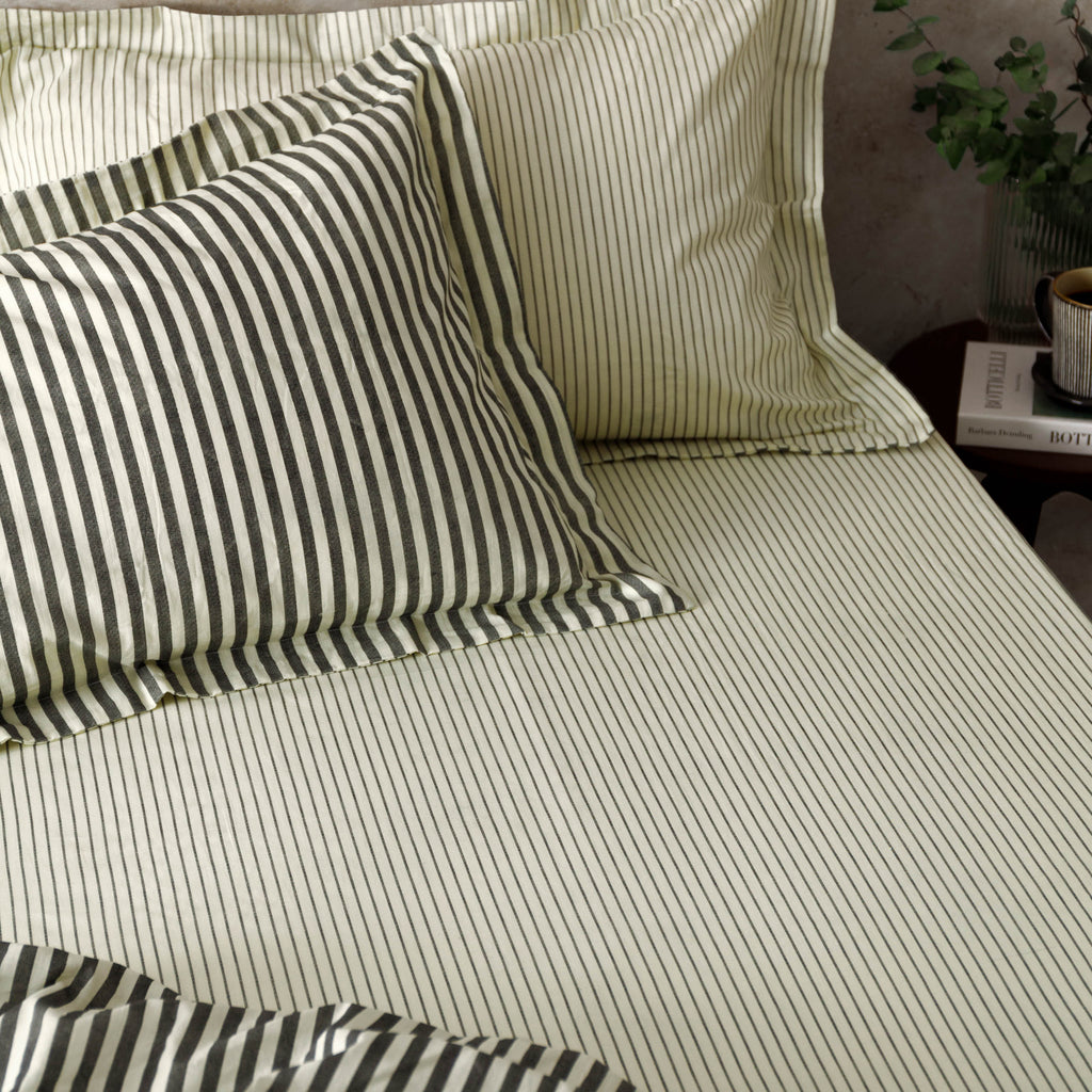 The Linen Yard Hebden Melange/Barton Stripe Tumble 100% Cotton Sheets