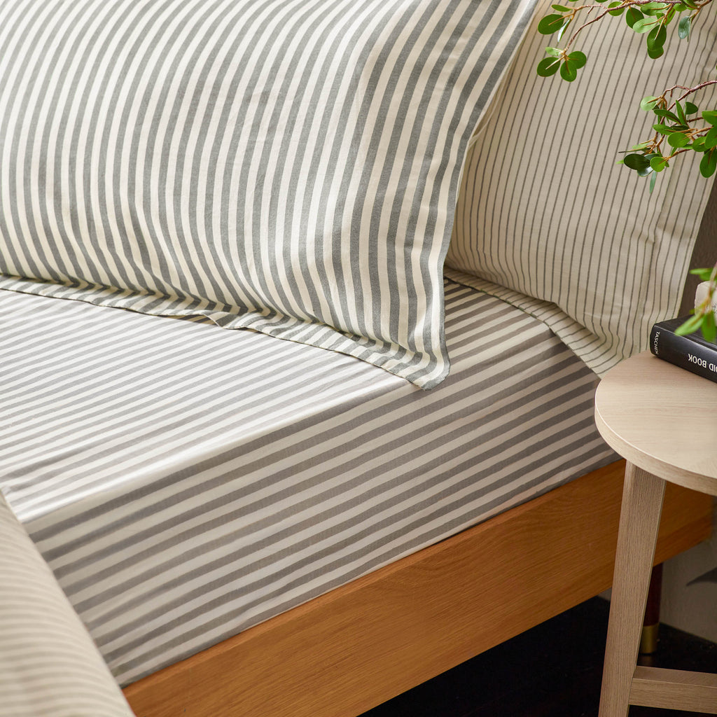 The Linen Yard Hebden Melange/Barton Stripe Tumble 100% Cotton Sheets