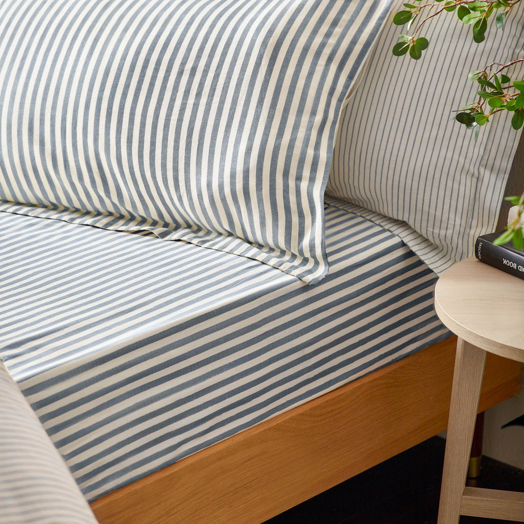 The Linen Yard Hebden Melange/Barton Stripe Tumble 100% Cotton Sheets