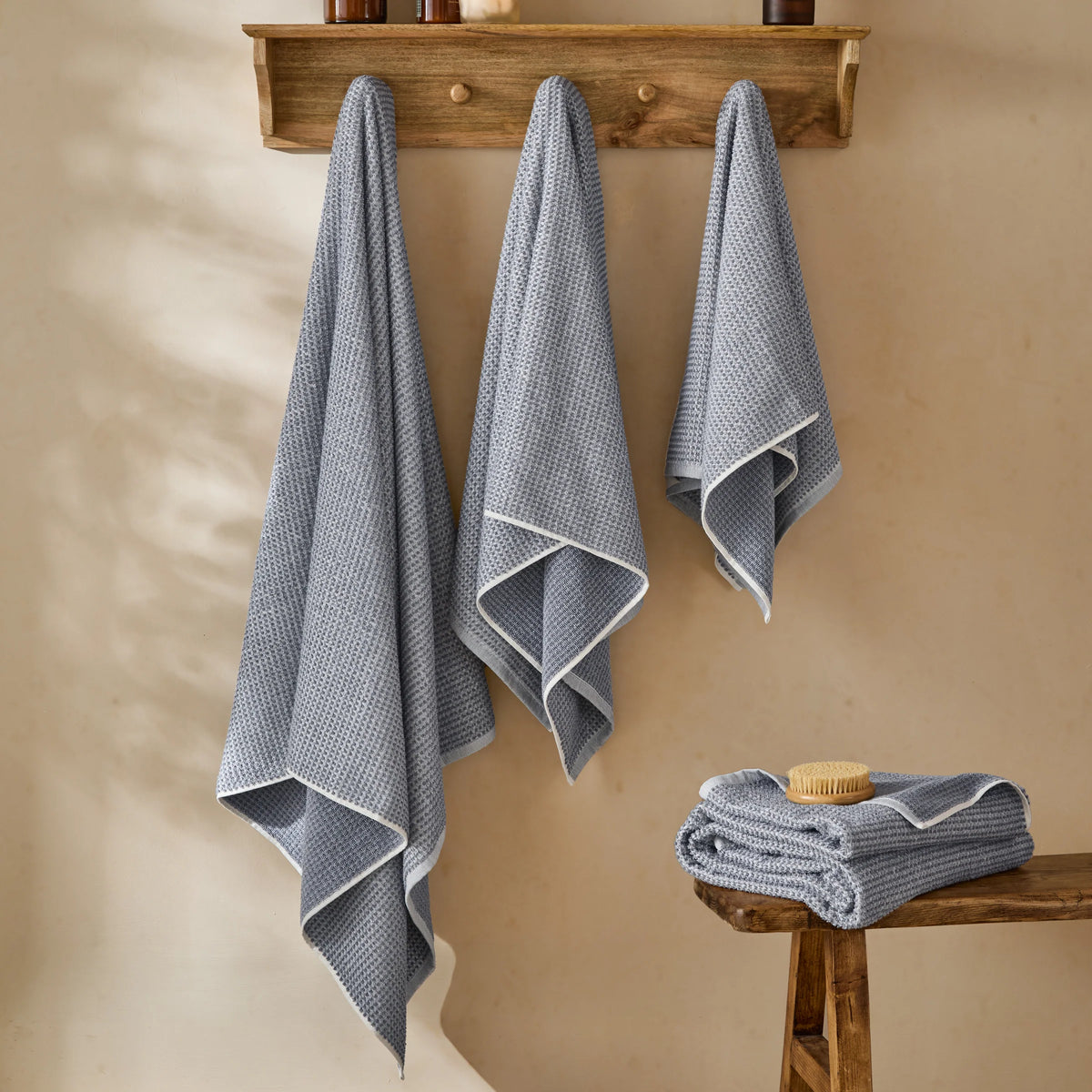 The Linen Yard Hebden Textured Waffle 100% Cotton Denim Blue Towels