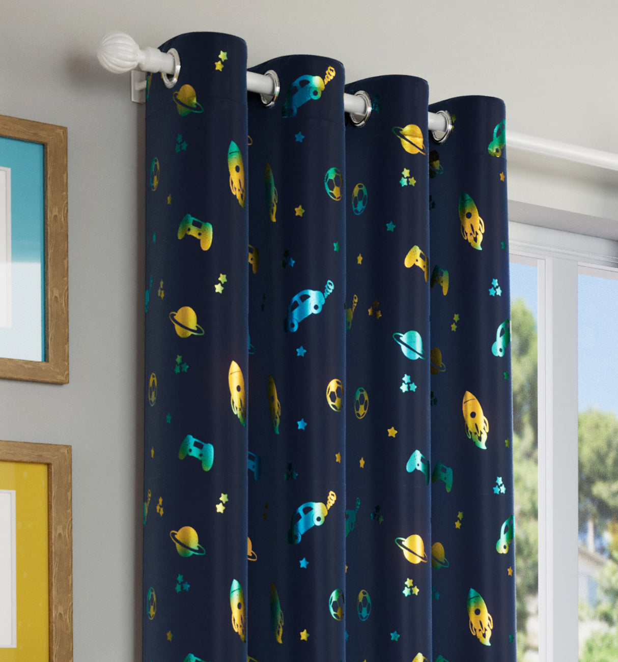 Tyrone Infinity Blue Metallic Print Kids Room Darkening Curtains