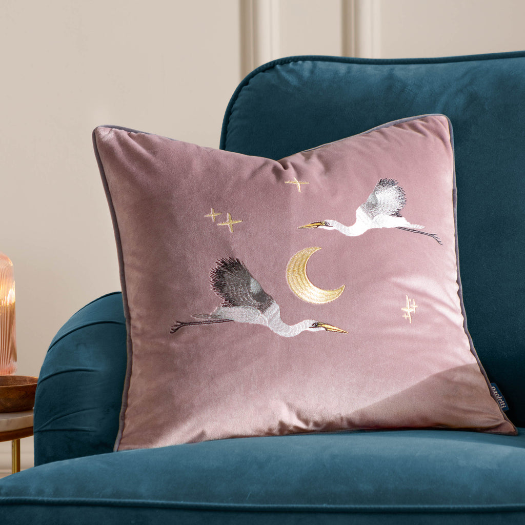 Paoletti Moonlit Flight Embroidered Velvet 45cm x 45cm Polyester Filled Cushion
