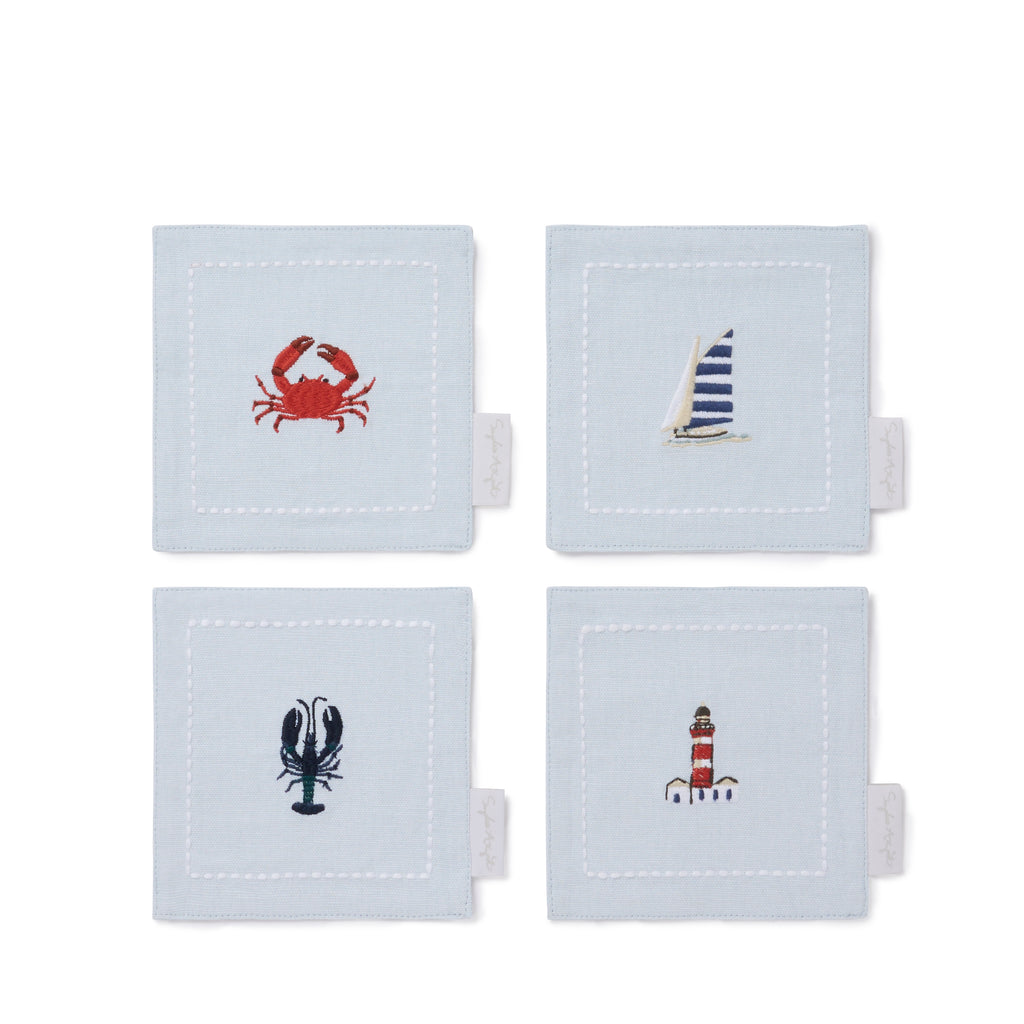 ALL133DN Coastal Boats Embroidered Drink Napkins (Set of 4)