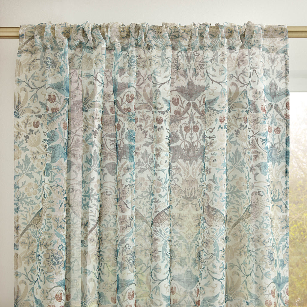 William Morris at Home Strawberry Thief Hessian Voile Slot Top Sheer Panel Curtain