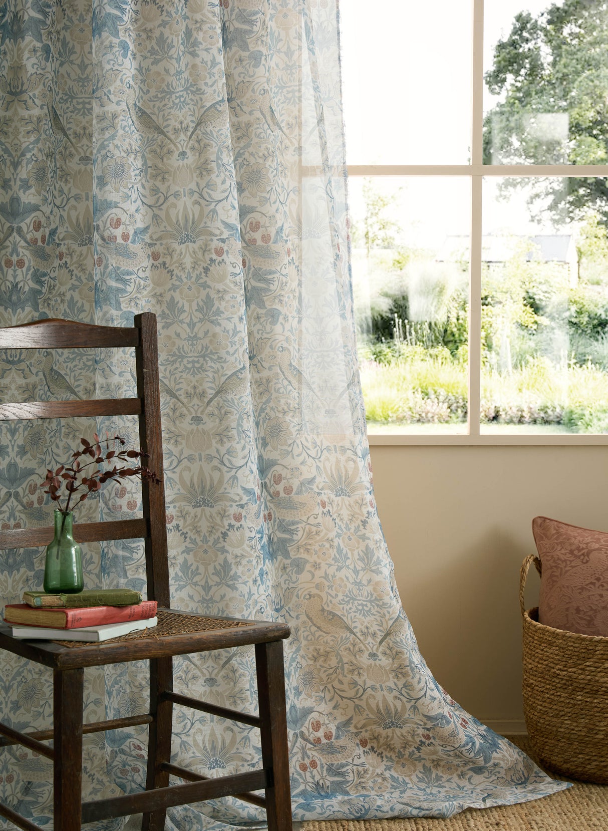 William Morris at Home Strawberry Thief Hessian Voile Slot Top Sheer Panel Curtain