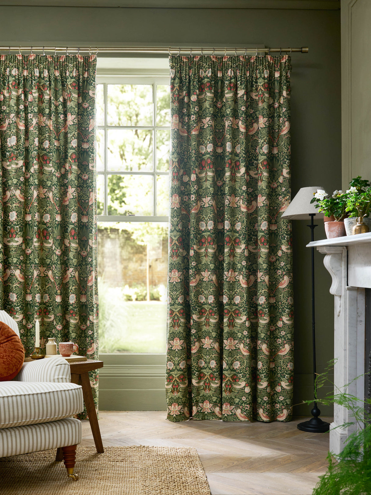 William Morris at Home Strawberry Thief Nettle Blackout Lined Header Tape Curtains