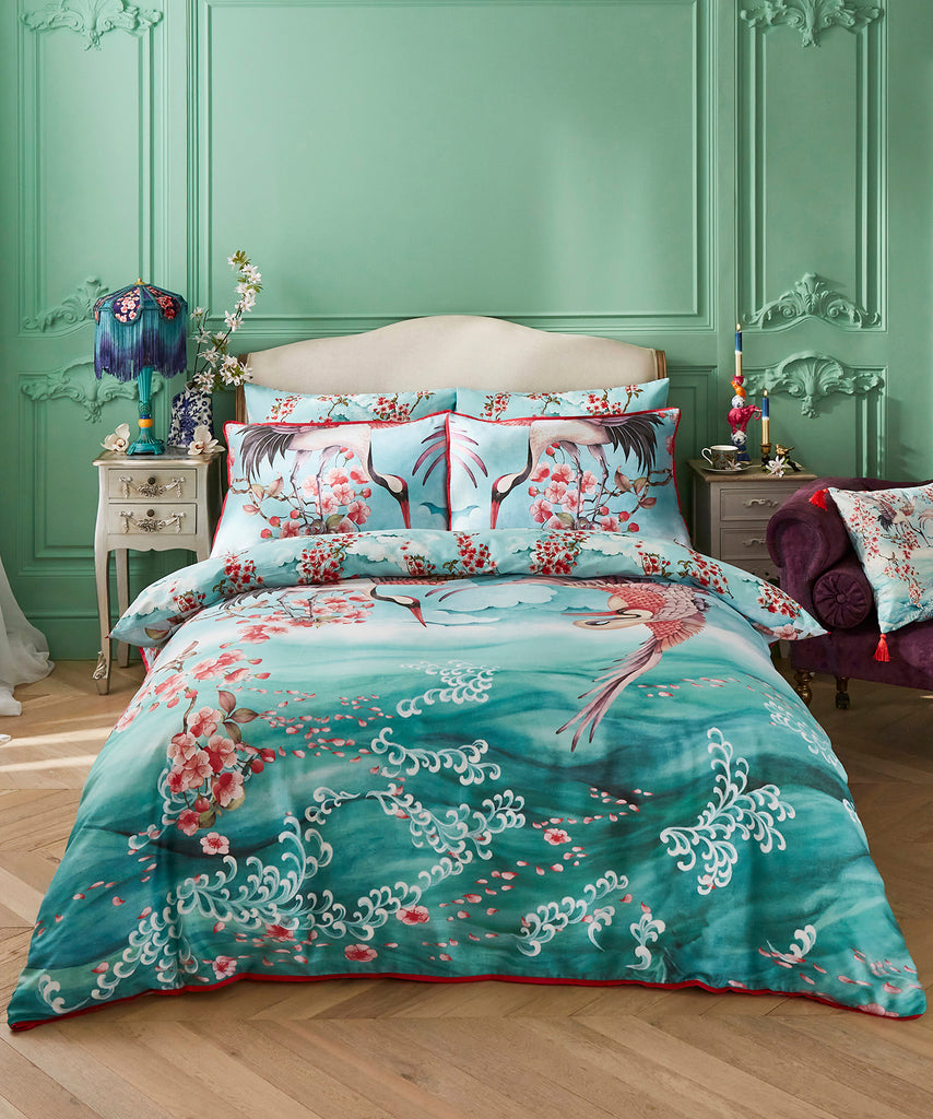 Joe Browns ZB192 Sakura Herons Oceanic Aqua Reversible Duvet Set
