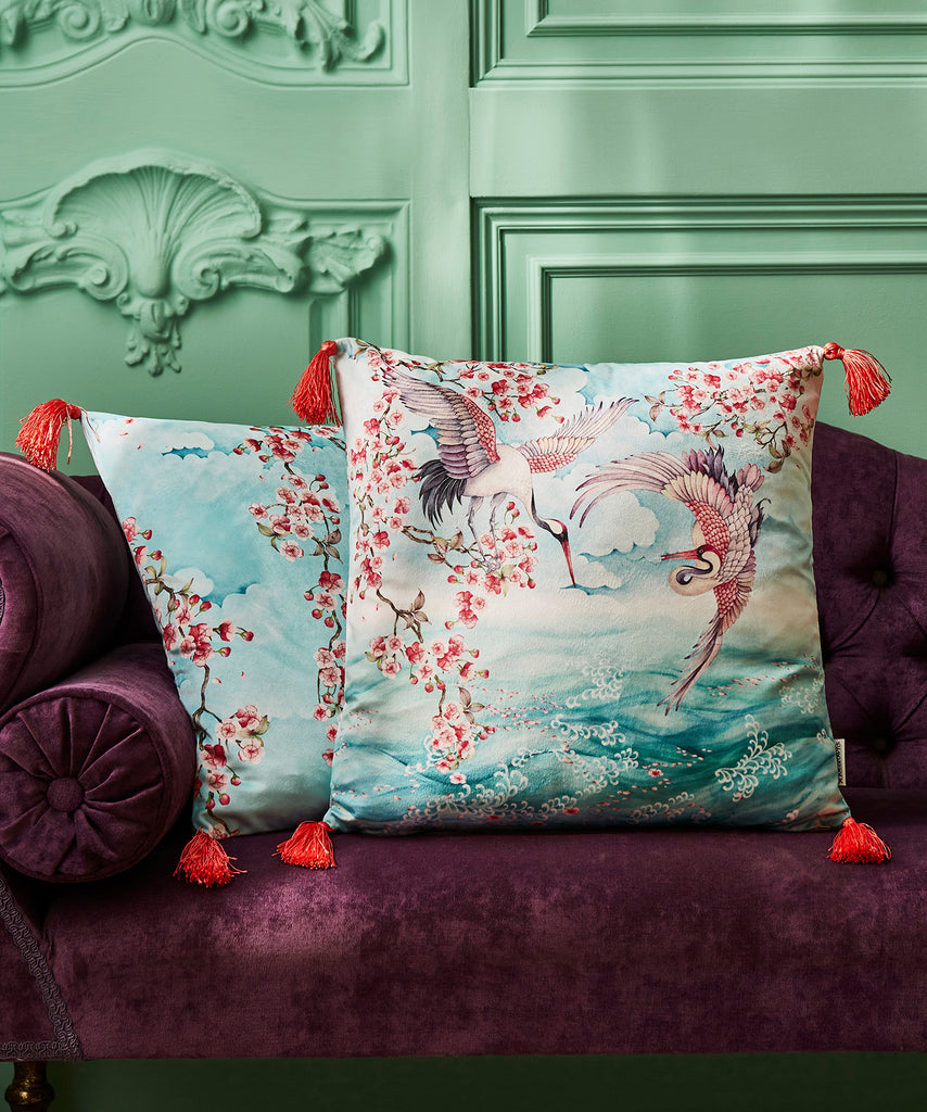 Joe Browns ZB314 Sakura Herons Oceanic Aqua Reversible Velvet 45cm x 45cm Cushion
