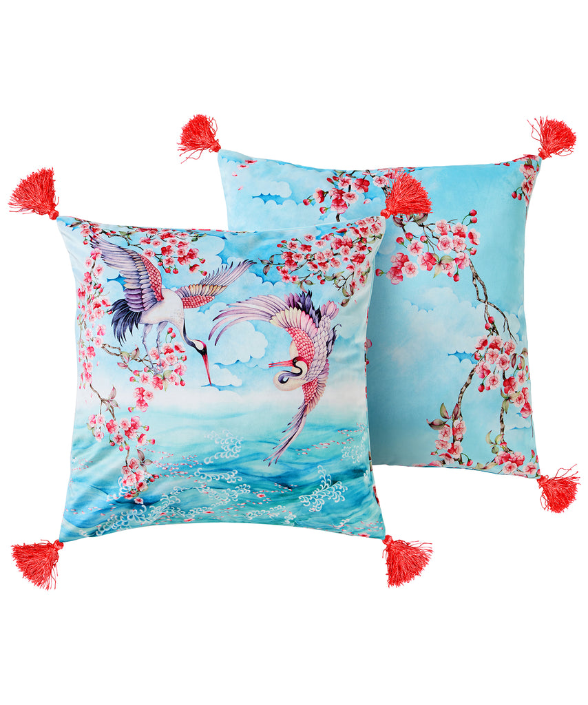 Joe Browns ZB314 Sakura Herons Oceanic Aqua Reversible Velvet 45cm x 45cm Cushion