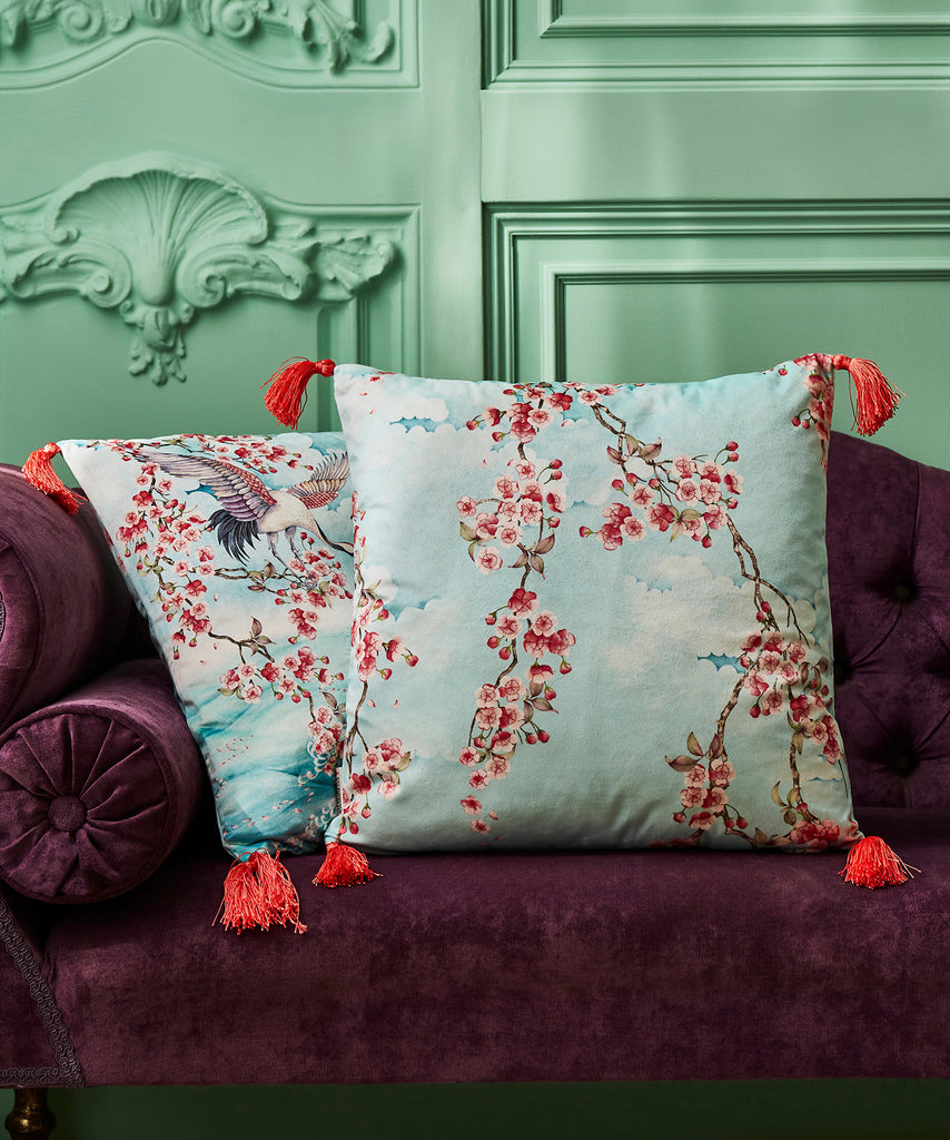 Joe Browns ZB314 Sakura Herons Oceanic Aqua Reversible Velvet 45cm x 45cm Cushion