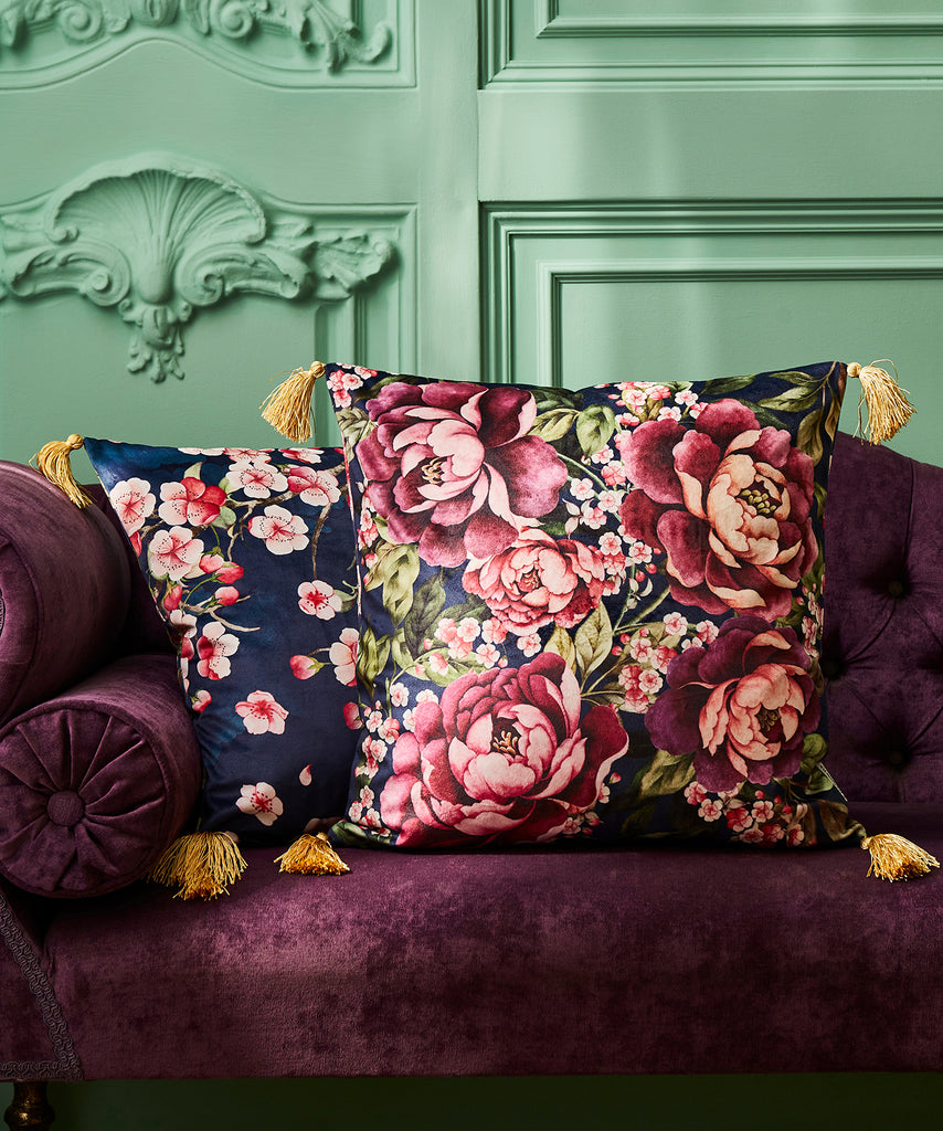 Joe Browns ZB318 Bold Blossom Navy Reversible Velvet 45cm x 45cm Cushion
