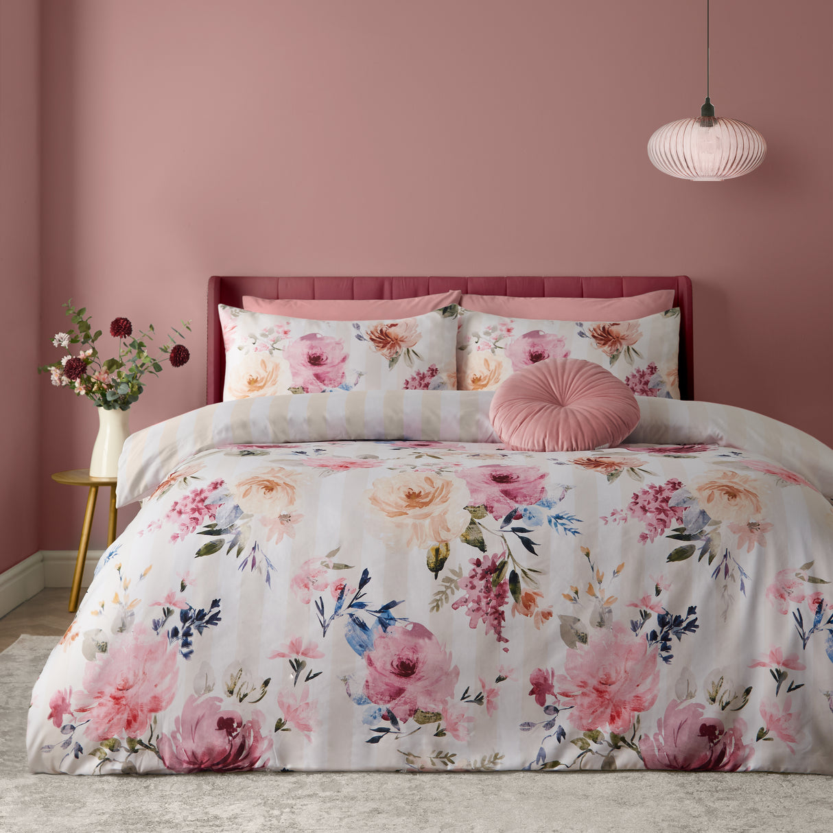 Catherine Lansfield Floral Stripe Cream Duvet Set