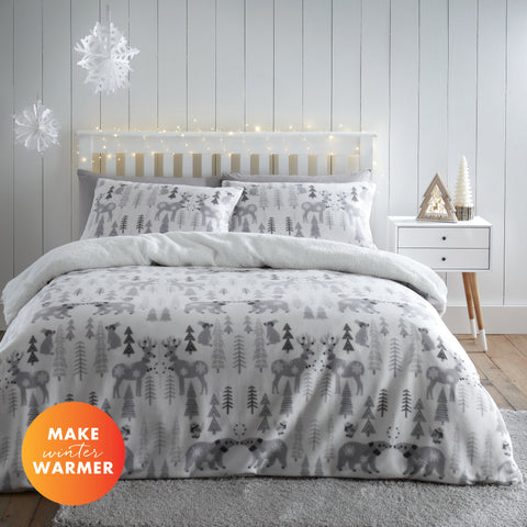 Catherine Lansfield Winter Woodland Fleece Grey Duvet Set