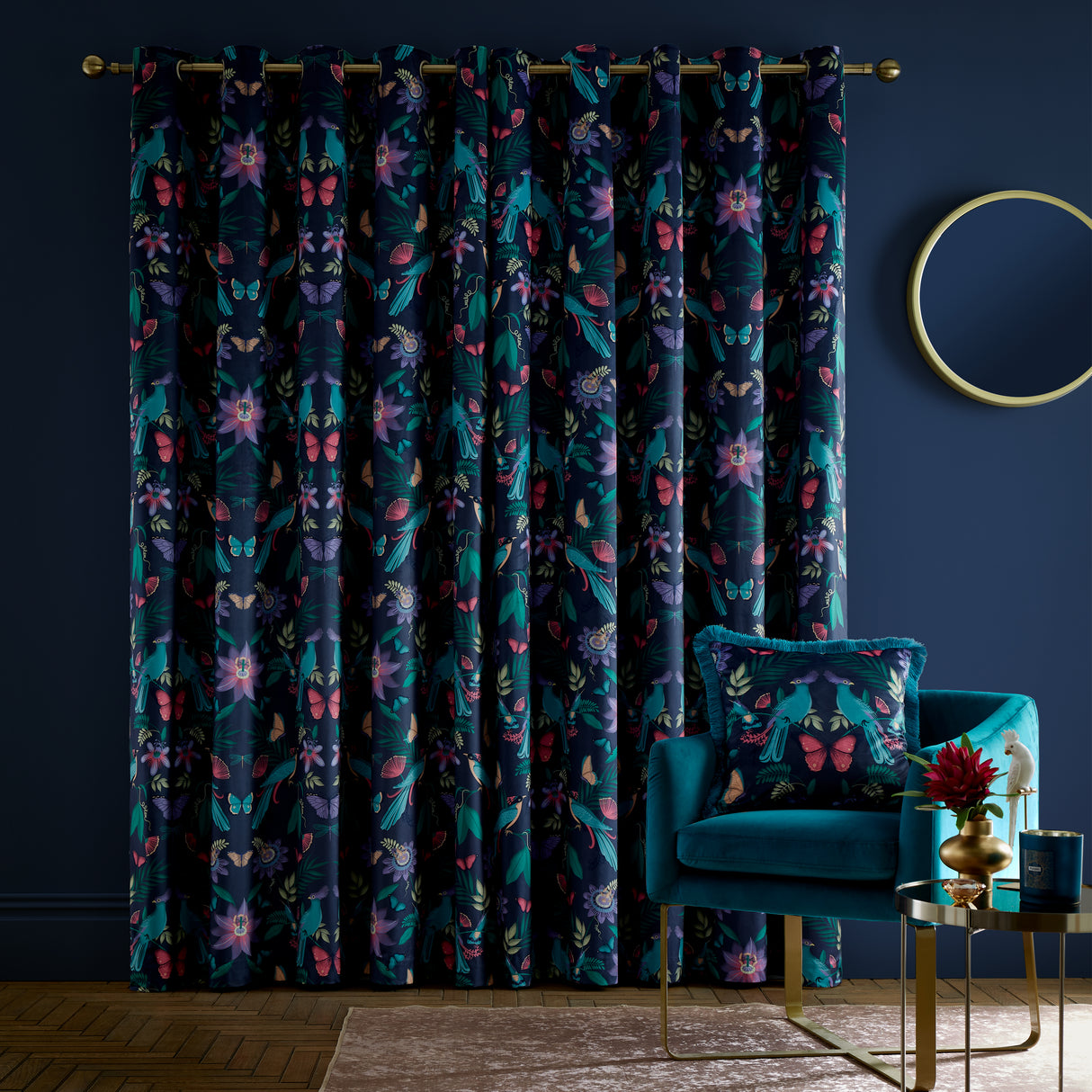 Catherine Lansfield Mya Tropical Birds Navy Eyelet Curtains