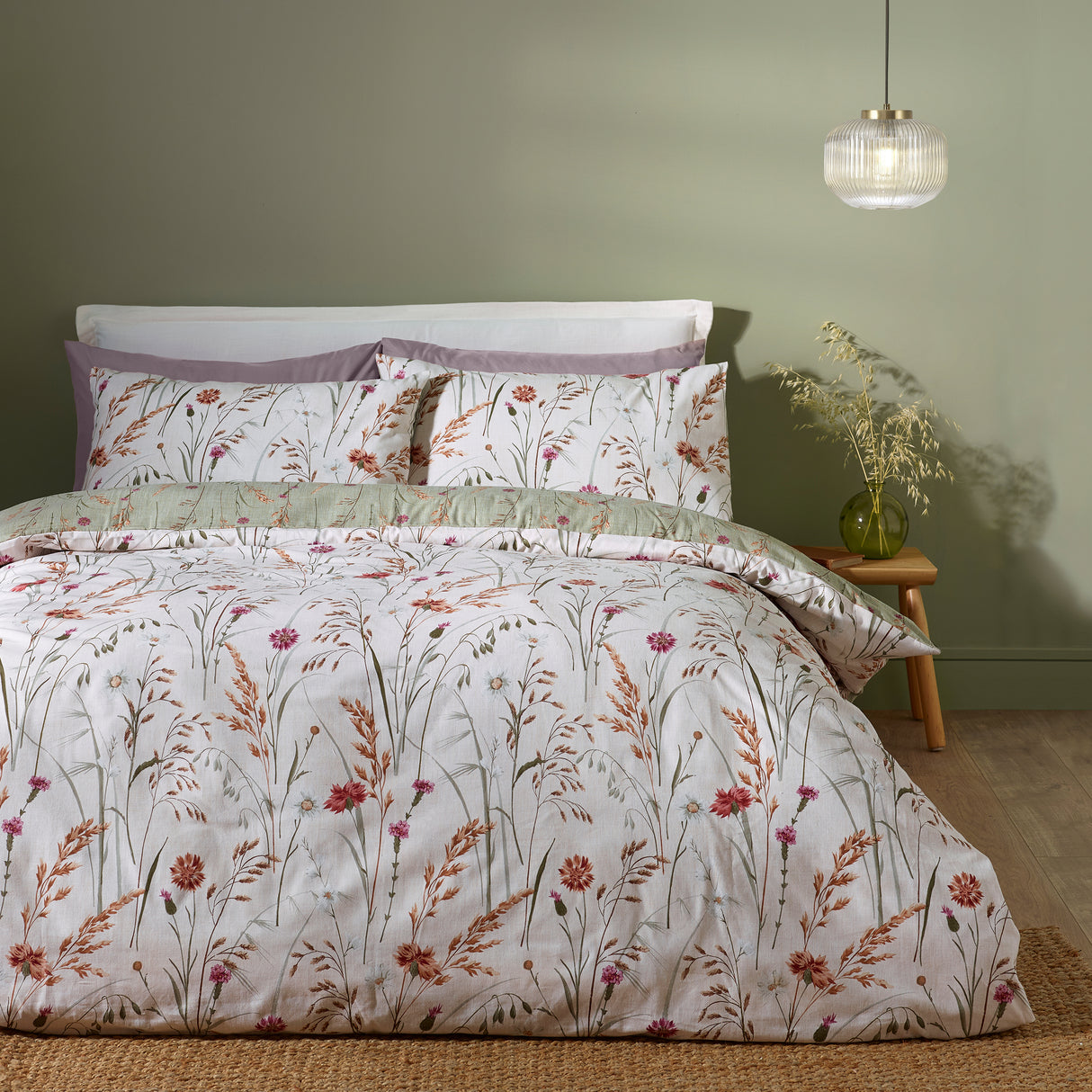 Catherine Lansfield Brushed Grasmere Floral Green 100% Brushed Cotton Duvet Set