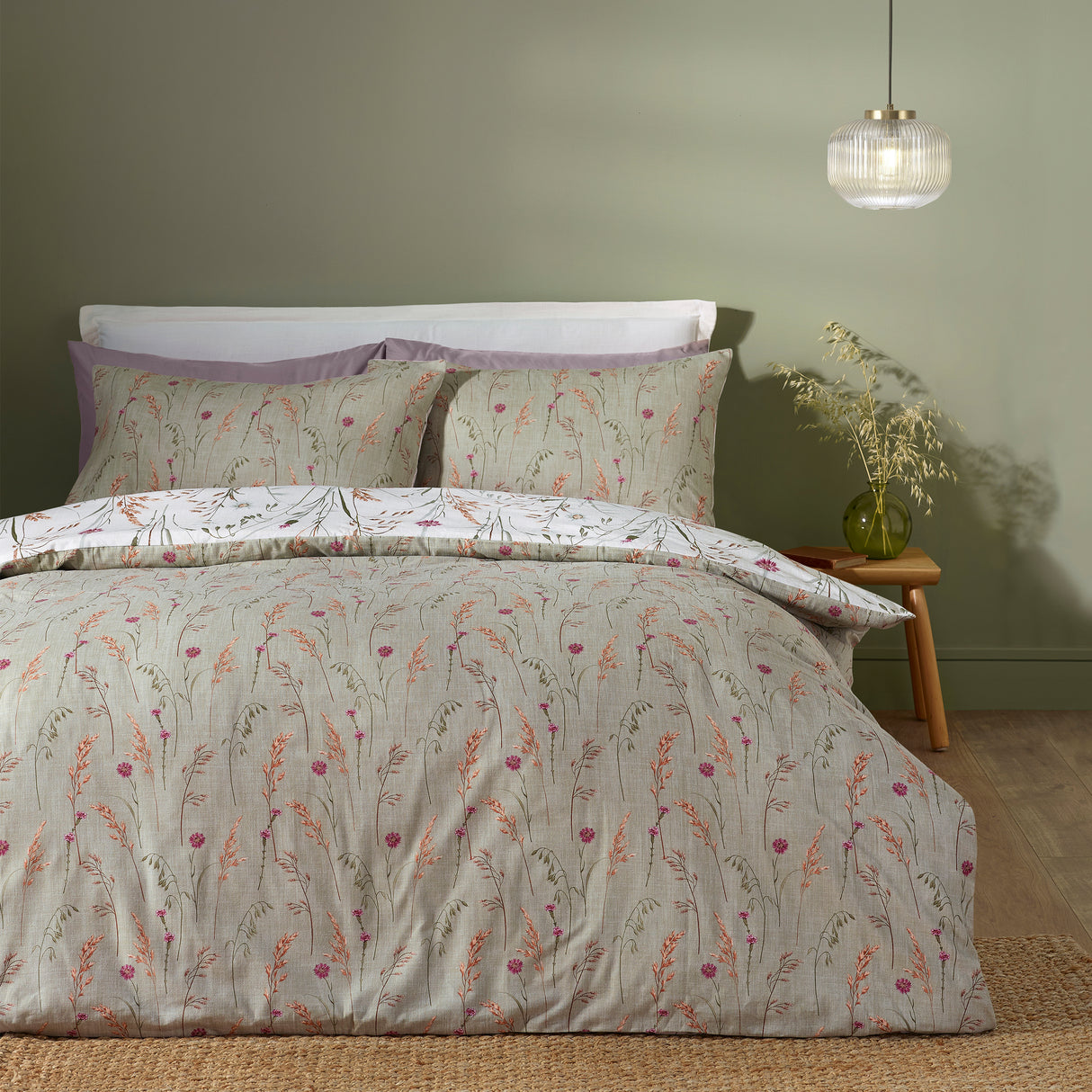 Catherine Lansfield Brushed Grasmere Floral Green 100% Brushed Cotton Duvet Set