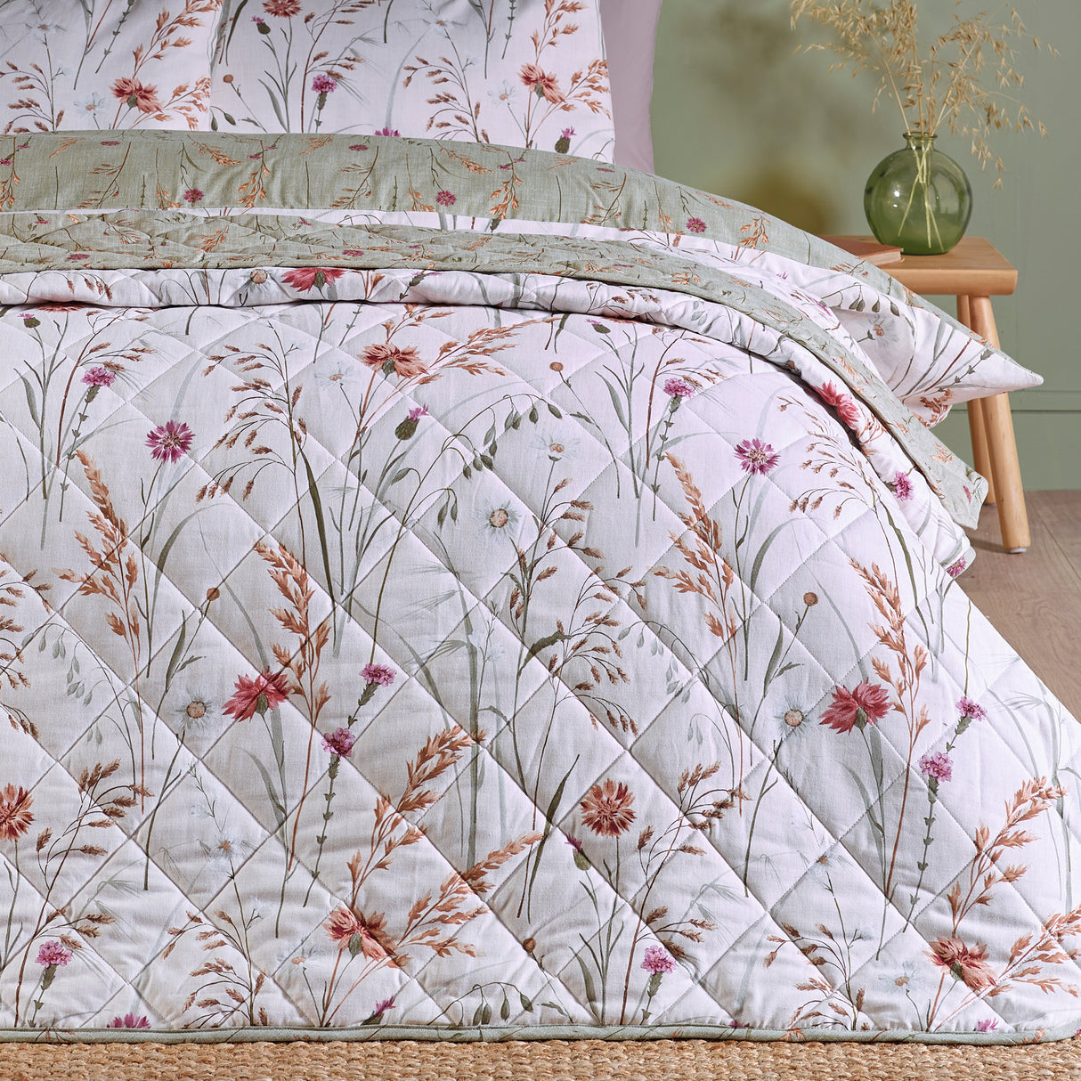 Catherine Lansfield Brushed Grasmere Floral Green 100% Brushed Cotton Duvet Set