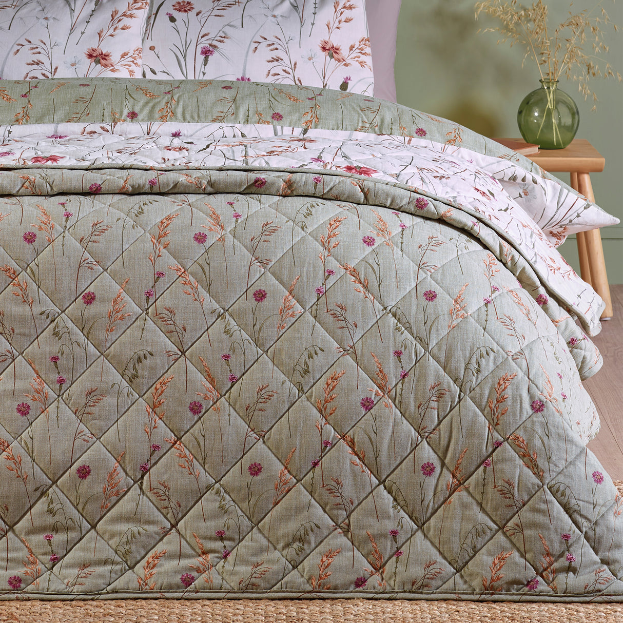 Catherine Lansfield Brushed Grasmere Floral Green 100% Brushed Cotton Duvet Set