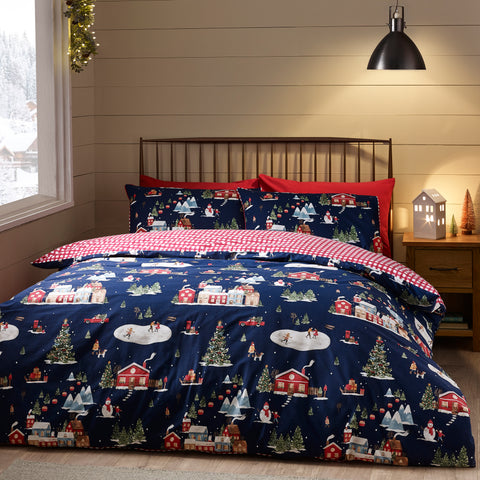 Catherine Lansfield Christmas Ski Village Blue Duvet Set
