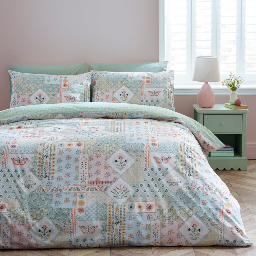 Catherine Lansfield Folk Patchwork Green Duvet Set
