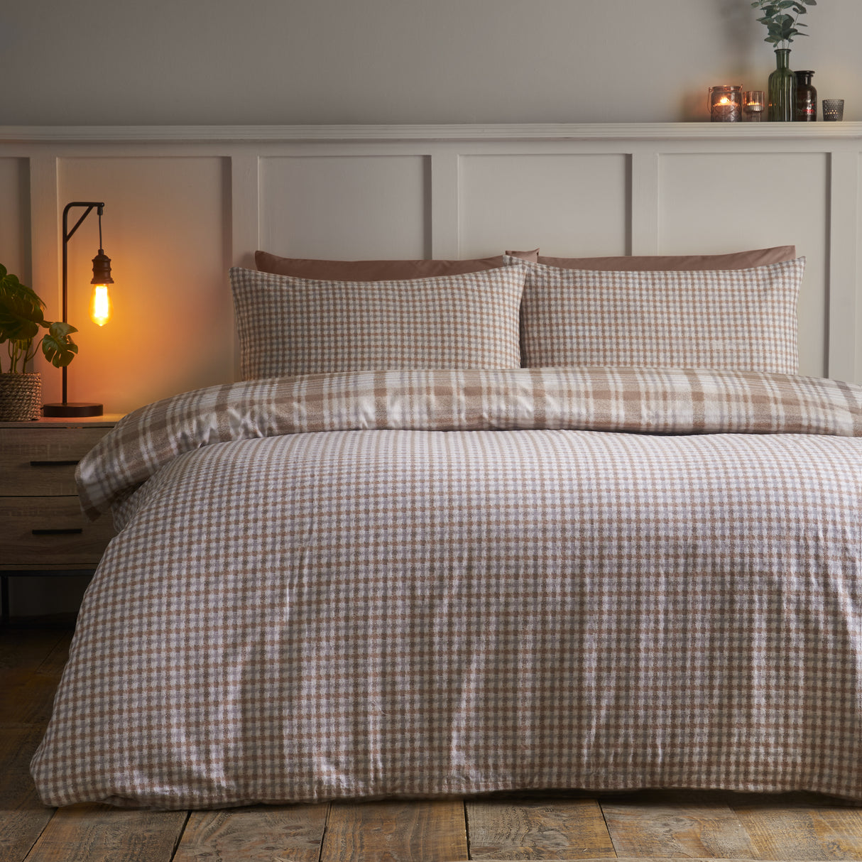 Catherine Lansfield Hamish Check Natural 100% Brushed Cotton Duvet Set
