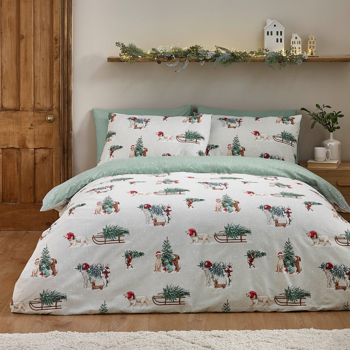Catherine Lansfield Christmas Dogs Green 100% Brushed Cotton Duvet Set
