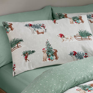 Catherine Lansfield Christmas Dogs Green 100% Brushed Cotton Duvet Set
