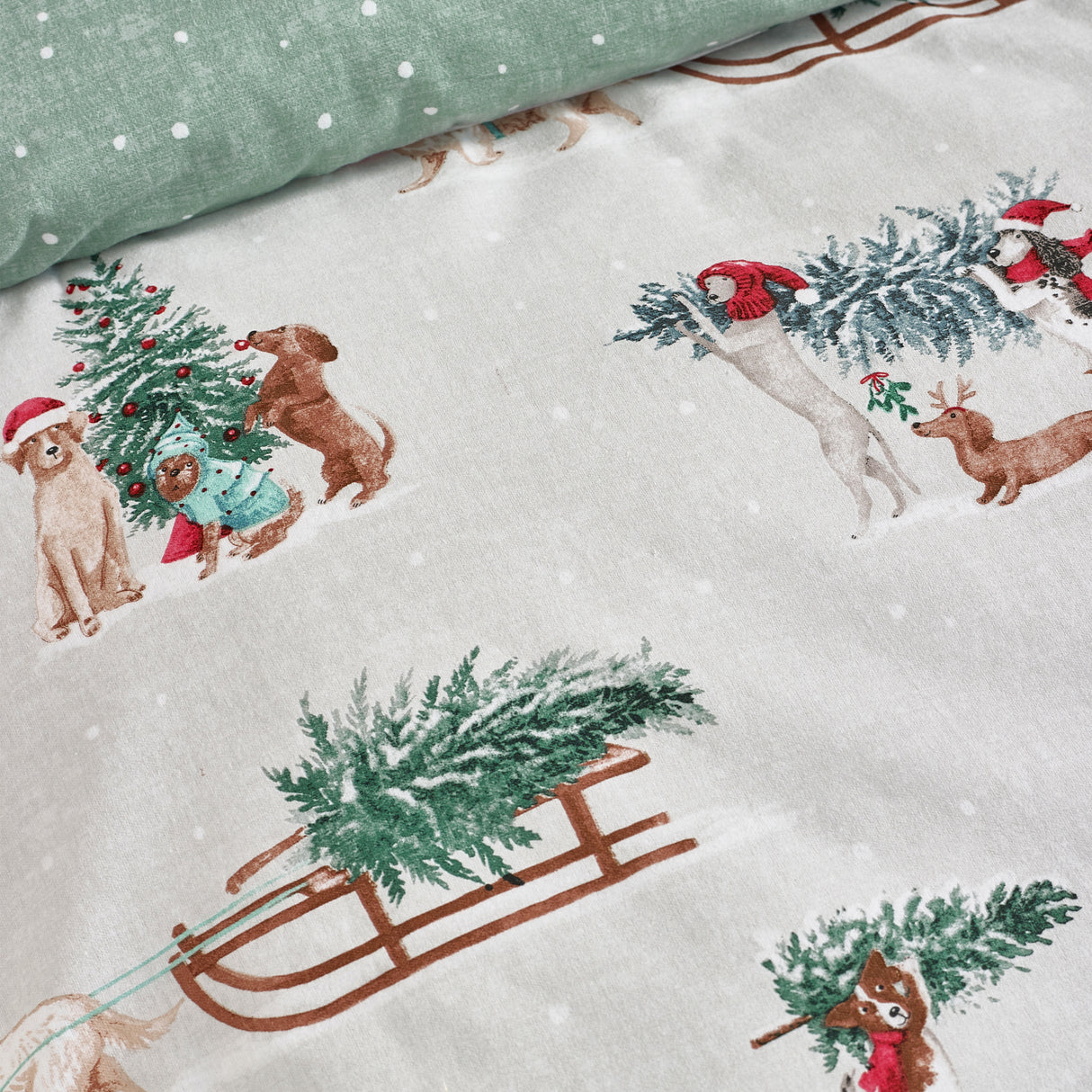 Catherine Lansfield Christmas Dogs Green 100% Brushed Cotton Duvet Set