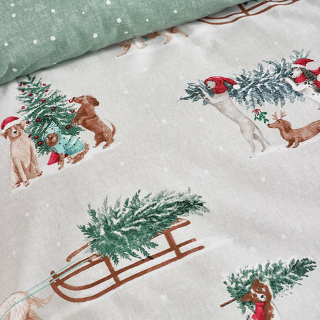 Catherine Lansfield Christmas Dogs Green 100% Brushed Cotton Duvet Set