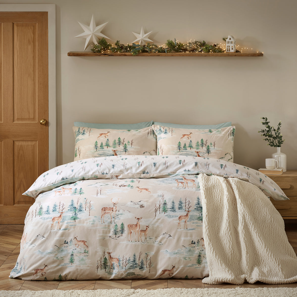 Catherine Lansfield Christmas Deer Natural 100% Brushed Cotton Duvet Set