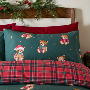 Catherine Lansfield Christmas Tartan Teddy Bear Green Duvet Set